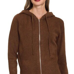 Zenana Drawstring Zip Up Hooded Cardigan